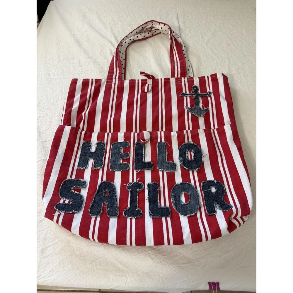 Womens Large Red Stripe Nautical Hello Sailor Reversible Denim Tote
